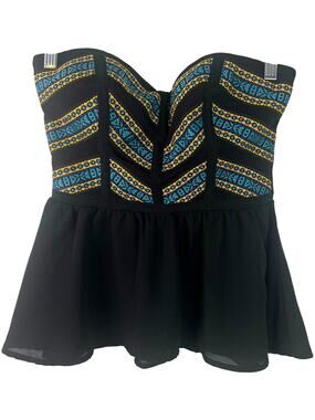 Bebe NWT Women's Strapless Corset Party Top Black Multicolor Flowy Skirt Size S